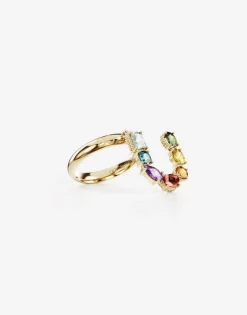 Rainbow alphabet U ring in yellow gold with multicolor fine gems