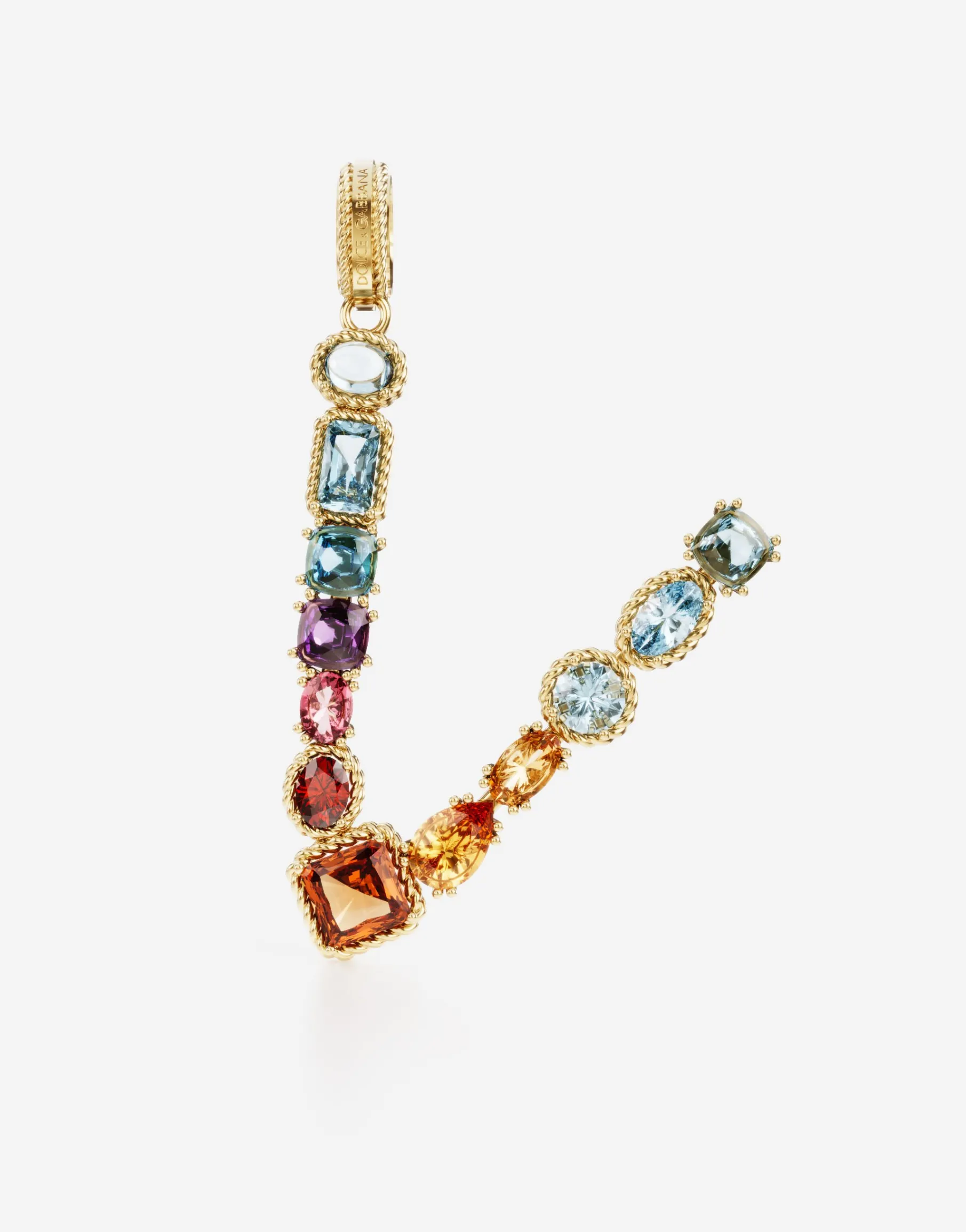Rainbow alphabet V 18 kt yellow gold charm with multicolor fine gems