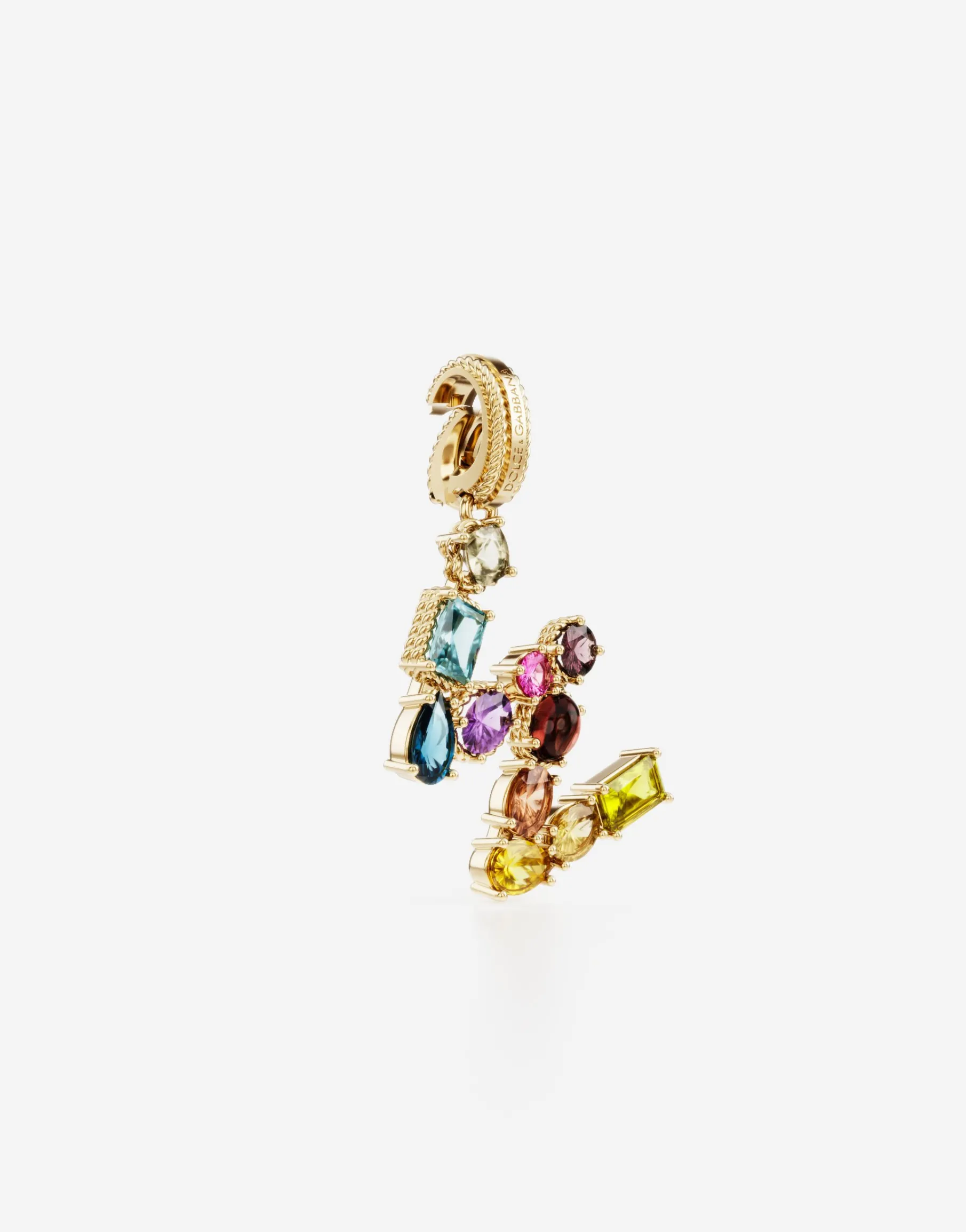 Rainbow alphabet W 18 kt yellow gold charm with multicolor fine gems