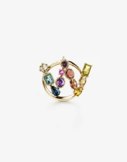 Rainbow alphabet W ring in yellow gold with multicolor fine gems