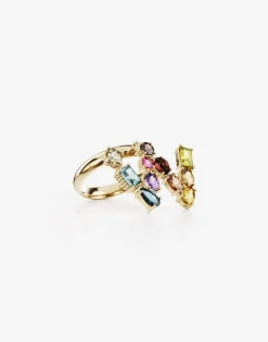 Rainbow alphabet W ring in yellow gold with multicolor fine gems