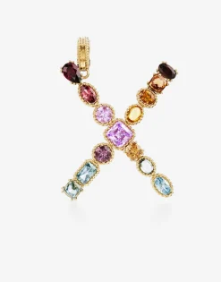 Rainbow alphabet X 18 kt yellow gold charm with multicolor fine gems