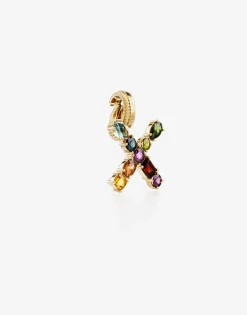 Rainbow alphabet X 18 kt yellow gold charm with multicolor fine gems