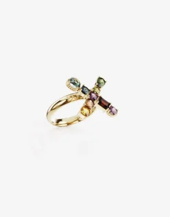 Rainbow alphabet X ring in yellow gold with multicolor fine gems