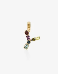 Rainbow alphabet Y 18 kt yellow gold charm with multicolor fine gems