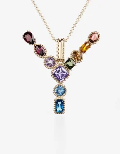 Rainbow alphabet Y pendant in yellow gold with multicolor fine gems