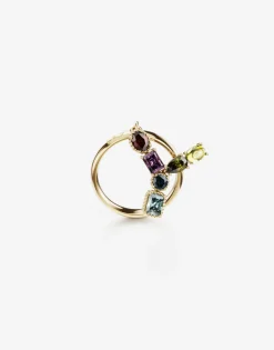 Rainbow alphabet Y ring in yellow gold with multicolor fine gems
