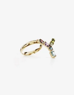Rainbow alphabet Y ring in yellow gold with multicolor fine gems