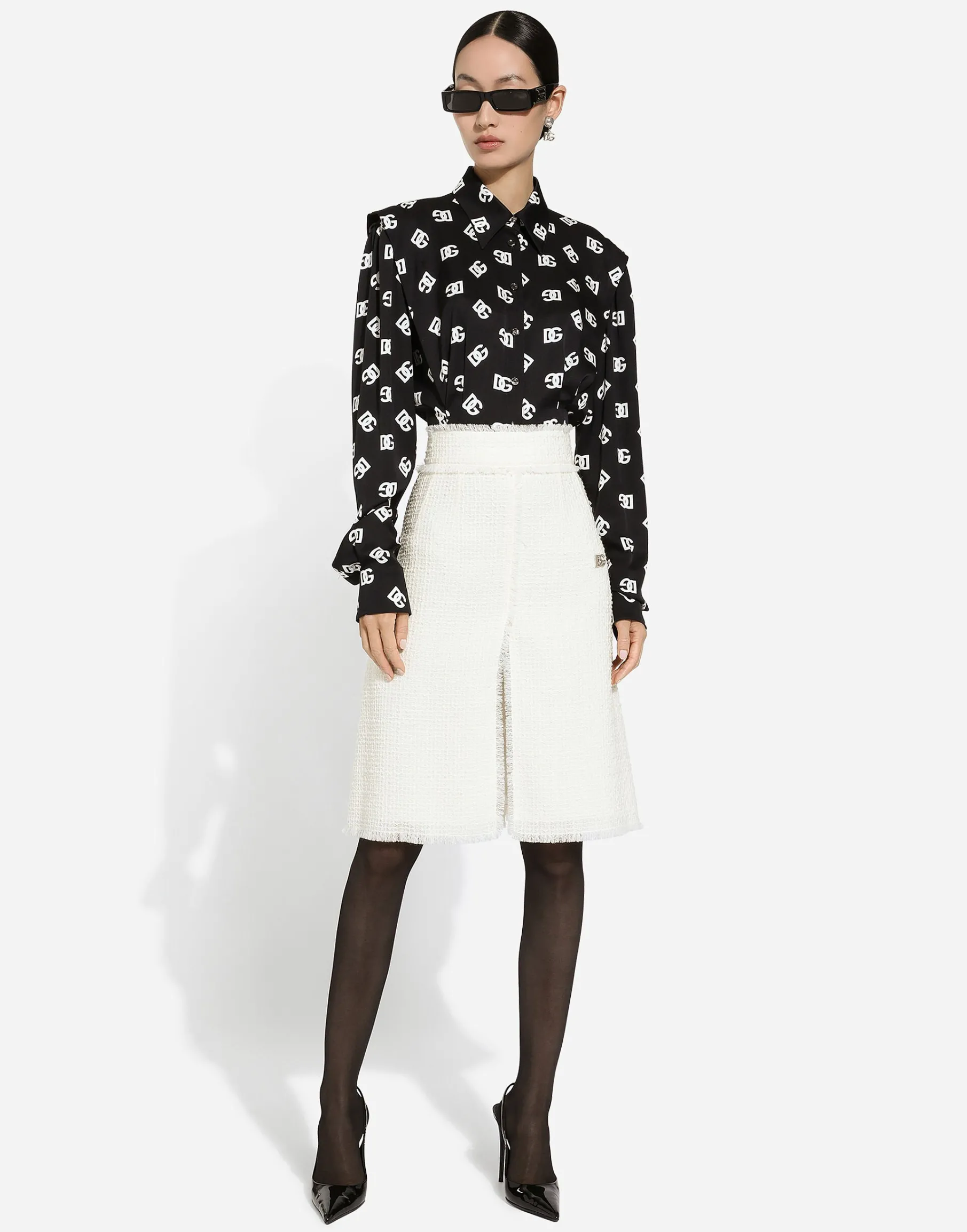 Raschel tweed midi skirt with central slit