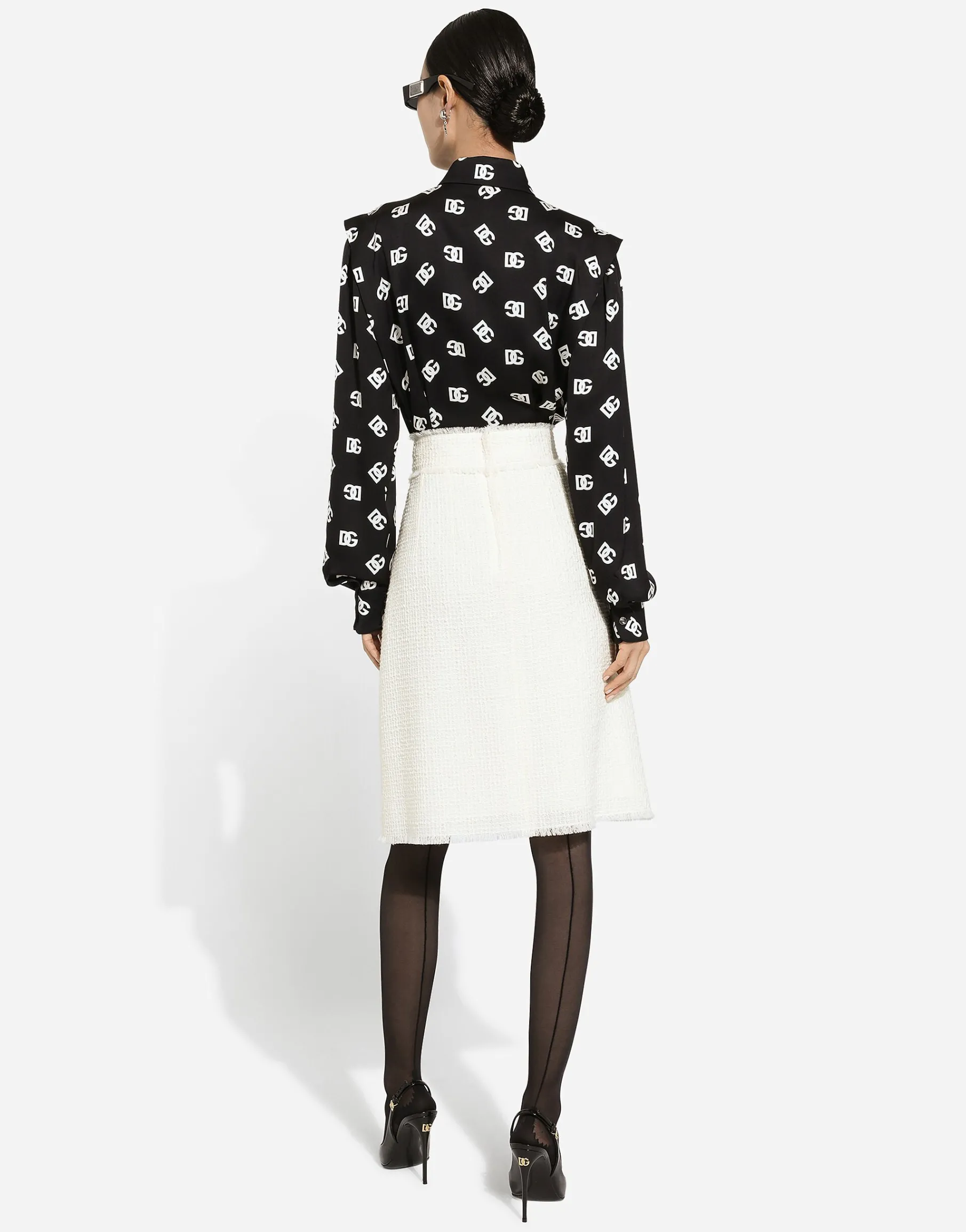 Raschel tweed midi skirt with central slit