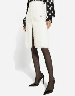 Raschel tweed midi skirt with central slit