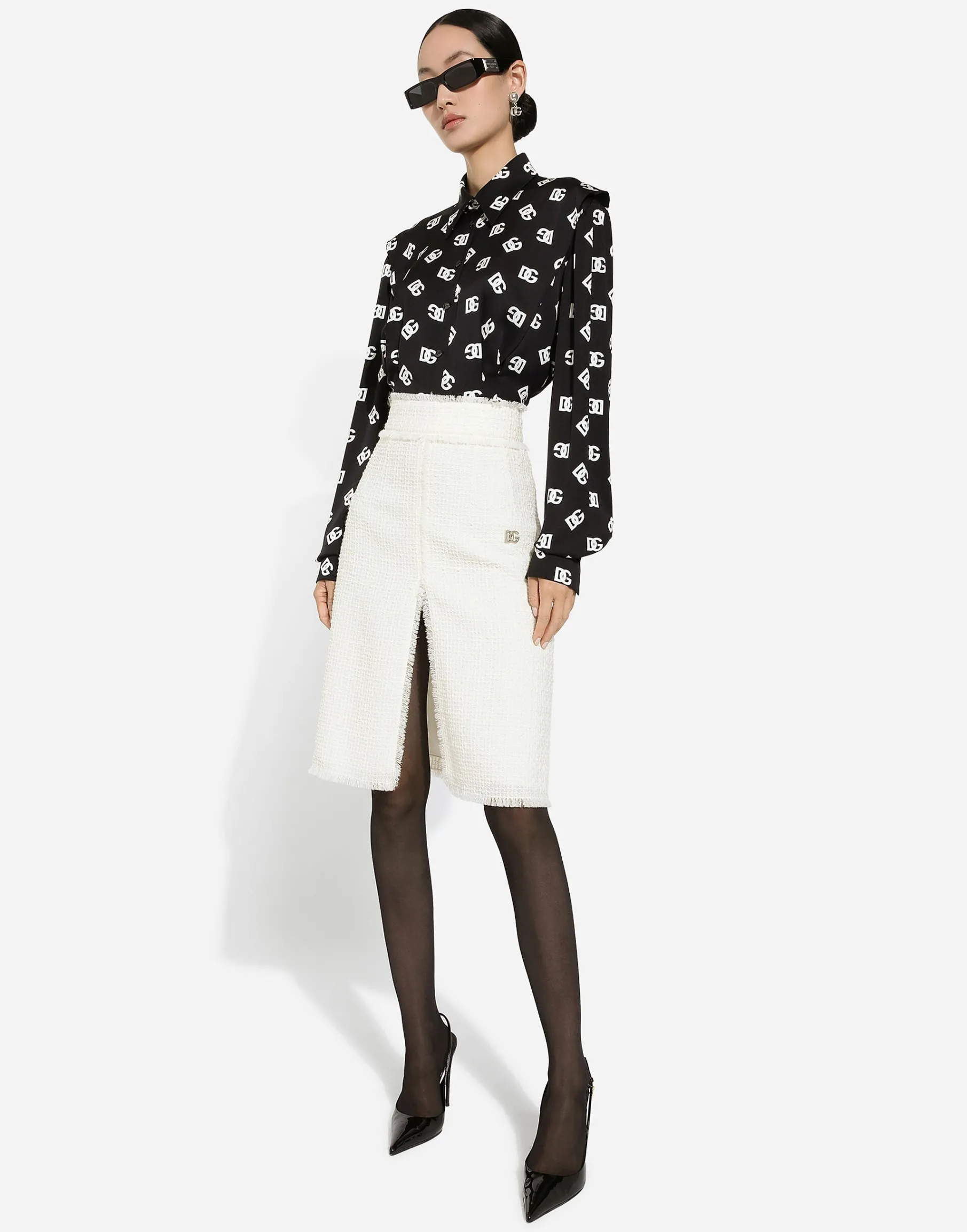 Raschel tweed midi skirt with central slit