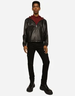 Reversible stretch wool and leather jacket