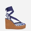 Rope-soled wedges in printed brocade fabric