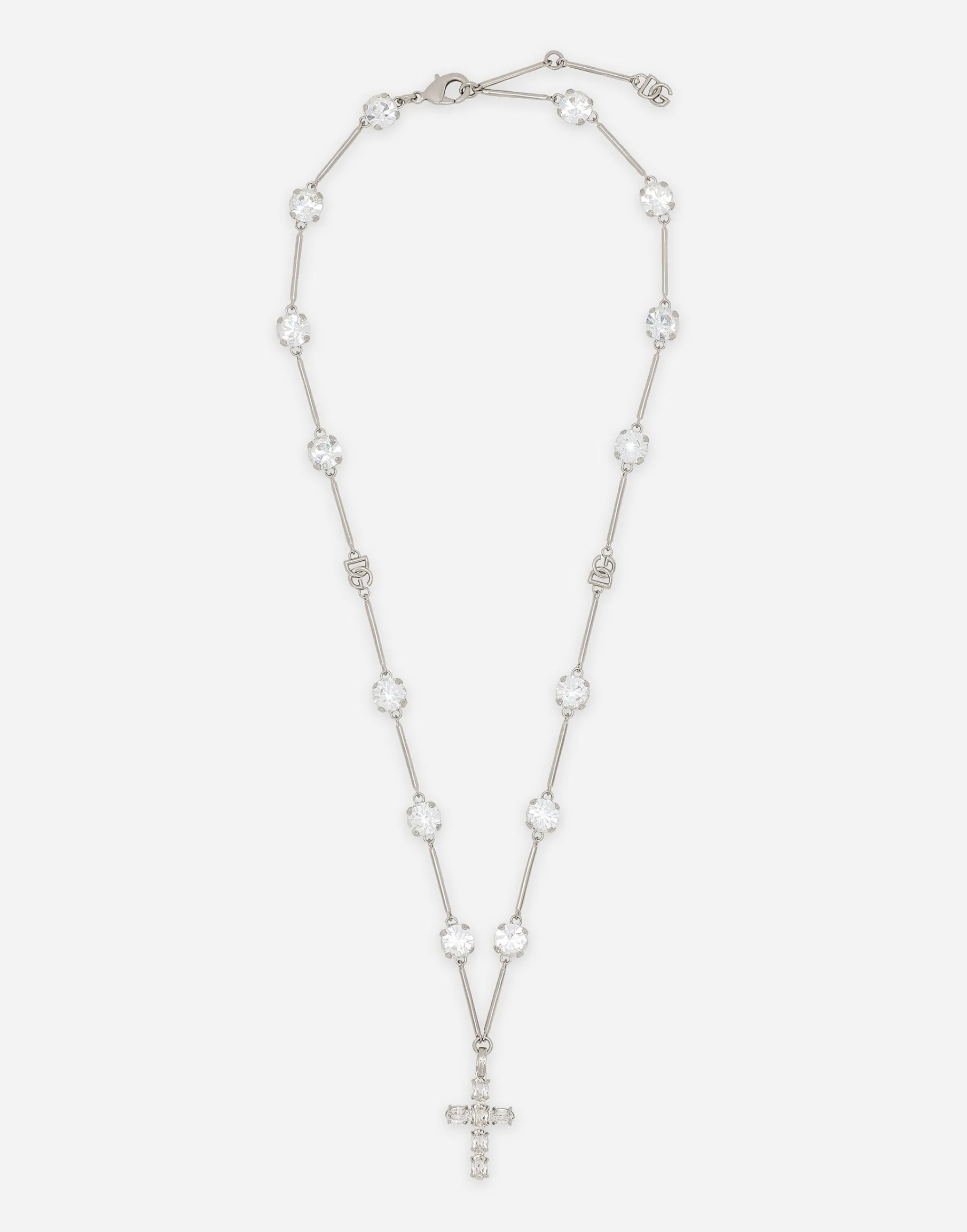 Rosary-style necklace with rhinestone-detailed crosses