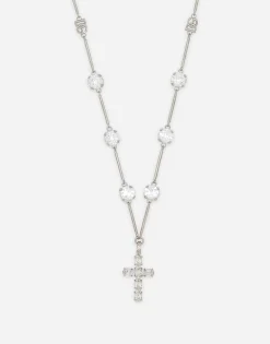Rosary-style necklace with rhinestone-detailed crosses