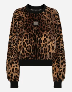 Round-neck chenille sweatshirt with jacquard leopard design