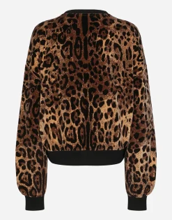 Round-neck chenille sweatshirt with jacquard leopard design