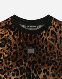 Round-neck chenille sweatshirt with jacquard leopard design