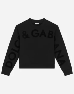 Round-neck jersey sweatshirt with flocked print