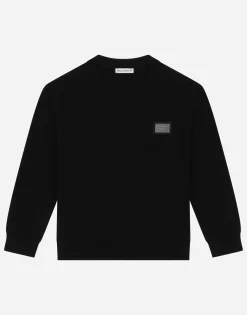 Round-neck knit pullover with logo tag