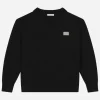 Round-neck plain knit sweater with logo tag