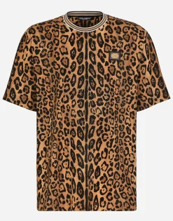 Round-neck T-shirt with leopard-print Crespo and tag
