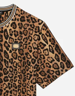 Round-neck T-shirt with leopard-print Crespo and tag