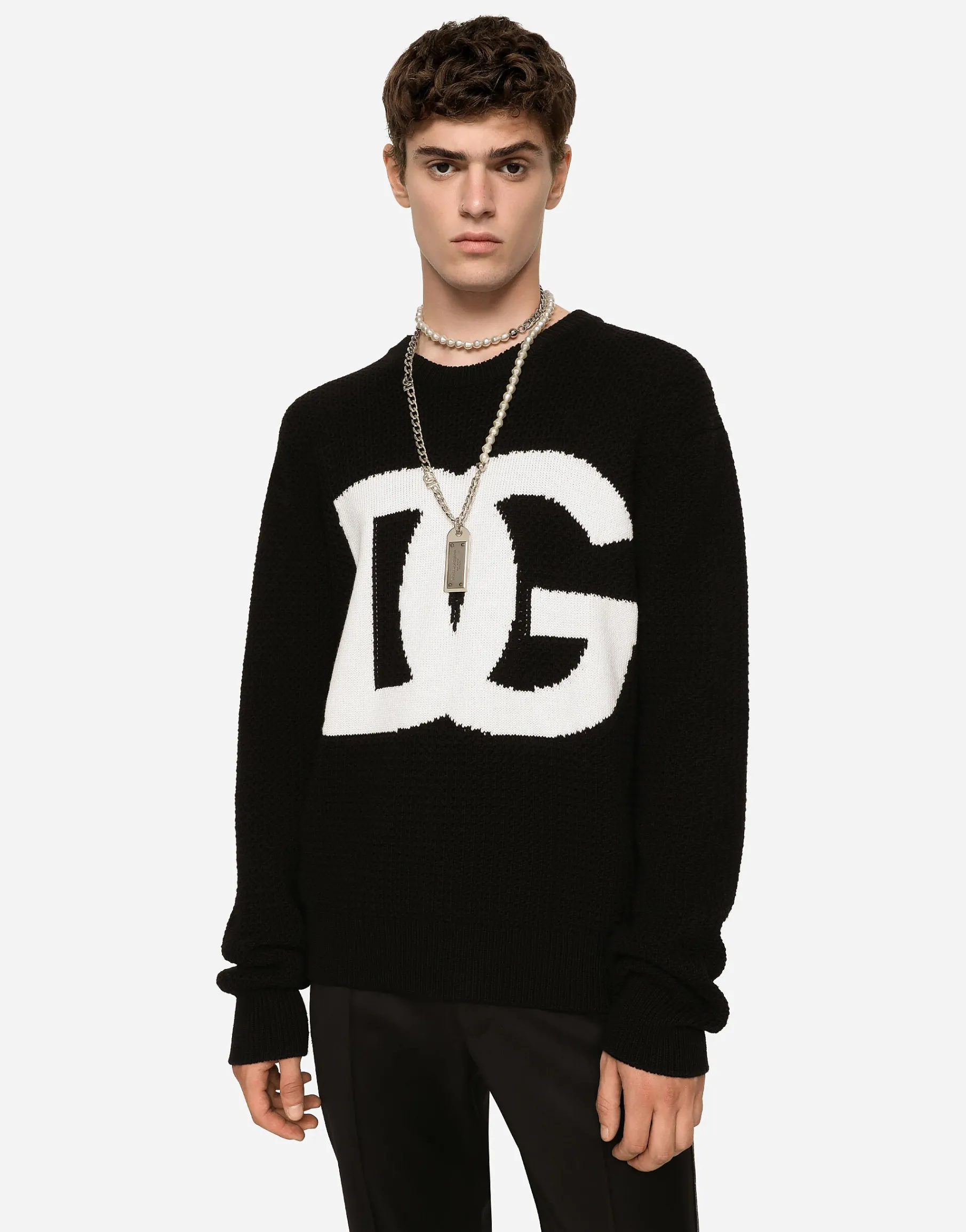 Round-neck wool sweater with DG logo inlay