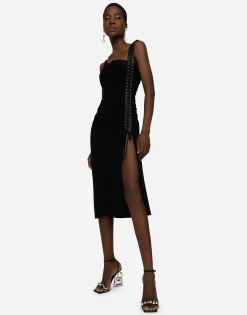 Sable calf-length dress with laces and eyelets