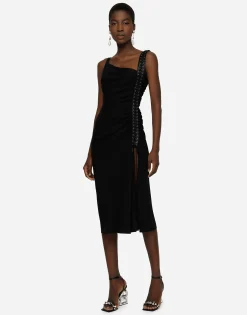 Sable calf-length dress with laces and eyelets