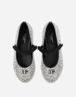 Satin ballet flats with fusible rhinestones
