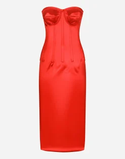 Satin calf-length dress with corset details