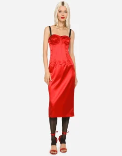 Satin calf-length dress with corset details