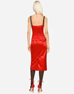 Satin calf-length dress with corset details