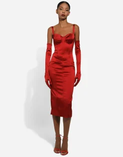 Satin calf-length dress with corset bustier
