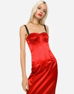 Satin calf-length dress with corset details