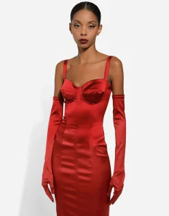 Satin calf-length dress with corset bustier