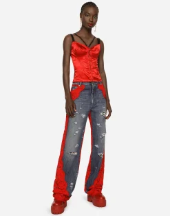Satin corset with top-stitching and hook-and-eye fastenings
