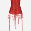 Satin corset-style belt with laces and eyelets
