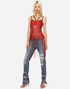 Satin corset-style belt with laces and eyelets