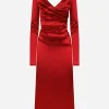 Satin draped calf-length dress