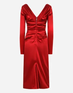 Satin draped calf-length dress