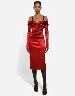 Satin draped calf-length dress