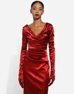 Satin draped calf-length dress