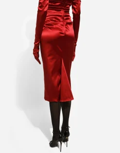 Satin draped calf-length dress