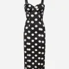 Satin midi dress with polka-dot print and corset details