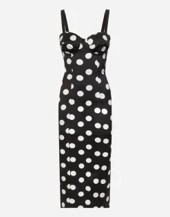 Satin midi dress with polka-dot print and corset details