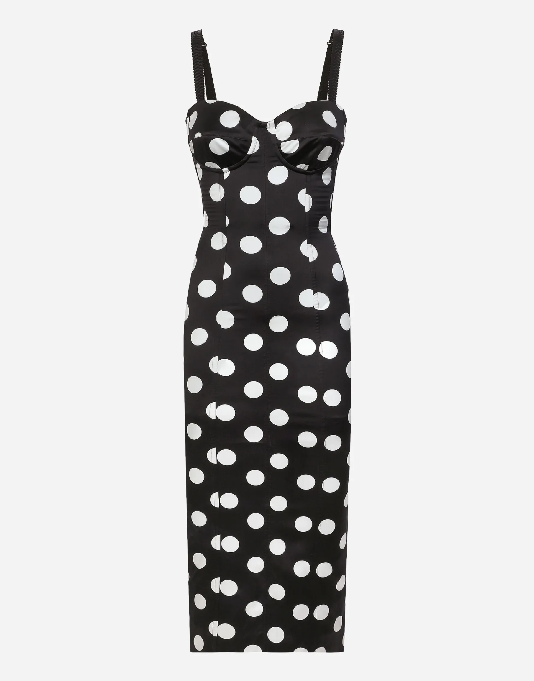 Satin midi dress with polka-dot print and corset details