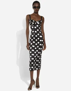 Satin midi dress with polka-dot print and corset details